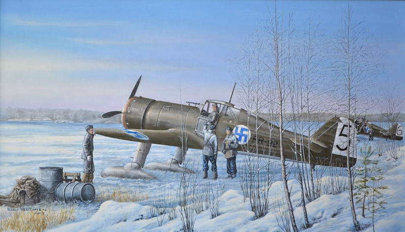Talvisodan päähävittäjämme Fokker D.XXI FR-92, maalaus Kari Vertanen.